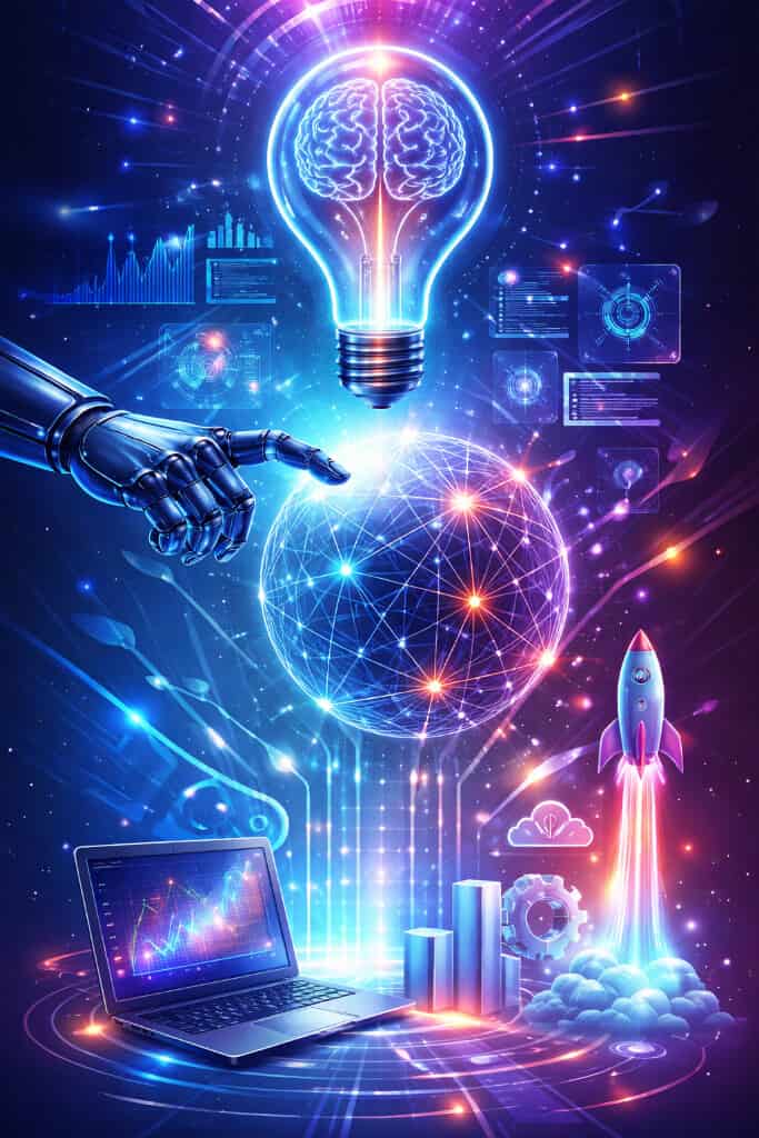 AI-powered digital innovation concept showing artificial intelligence, data analytics, technology growth, and creative problem solving