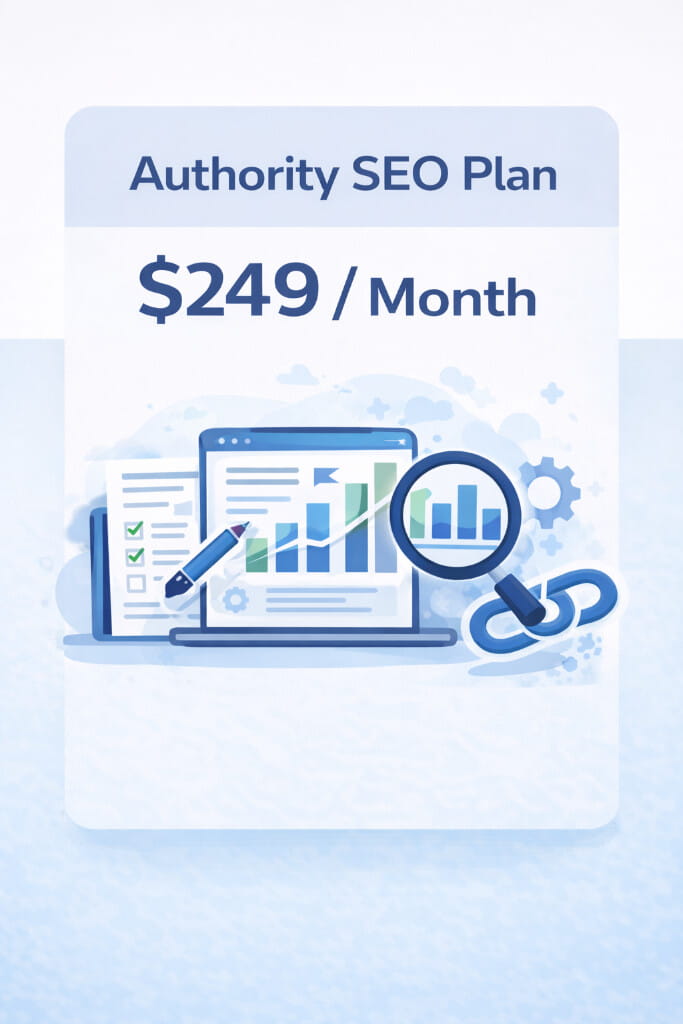 Authority SEO plan pricing showing advanced search engine optimization, backlink building, and traffic growth