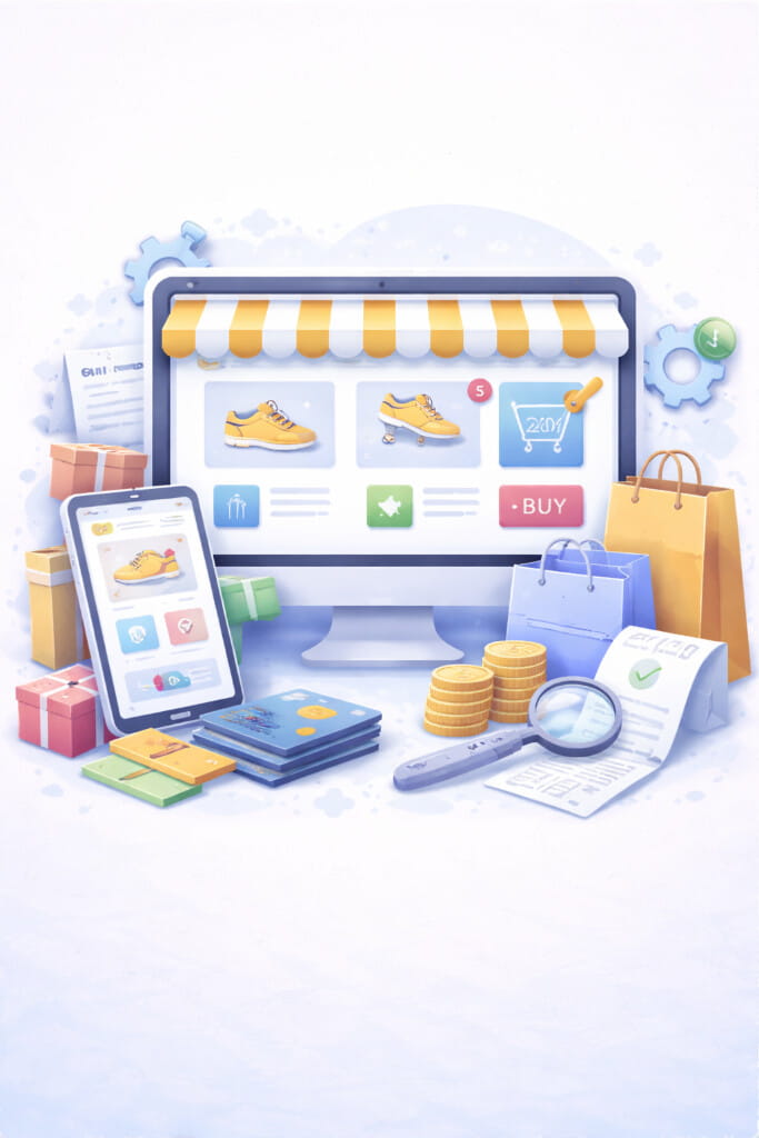 Ecommerce website interface showing online store products, shopping cart, payments, and digital checkout