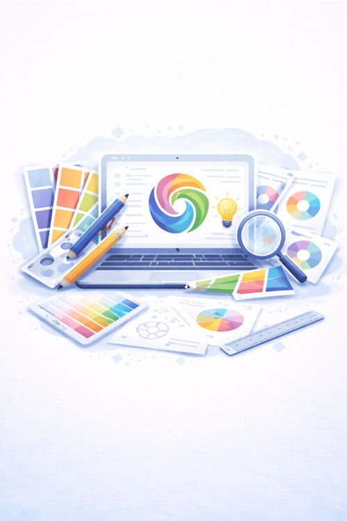 Graphic design and branding workspace showing color palettes, creative tools, and digital design concepts