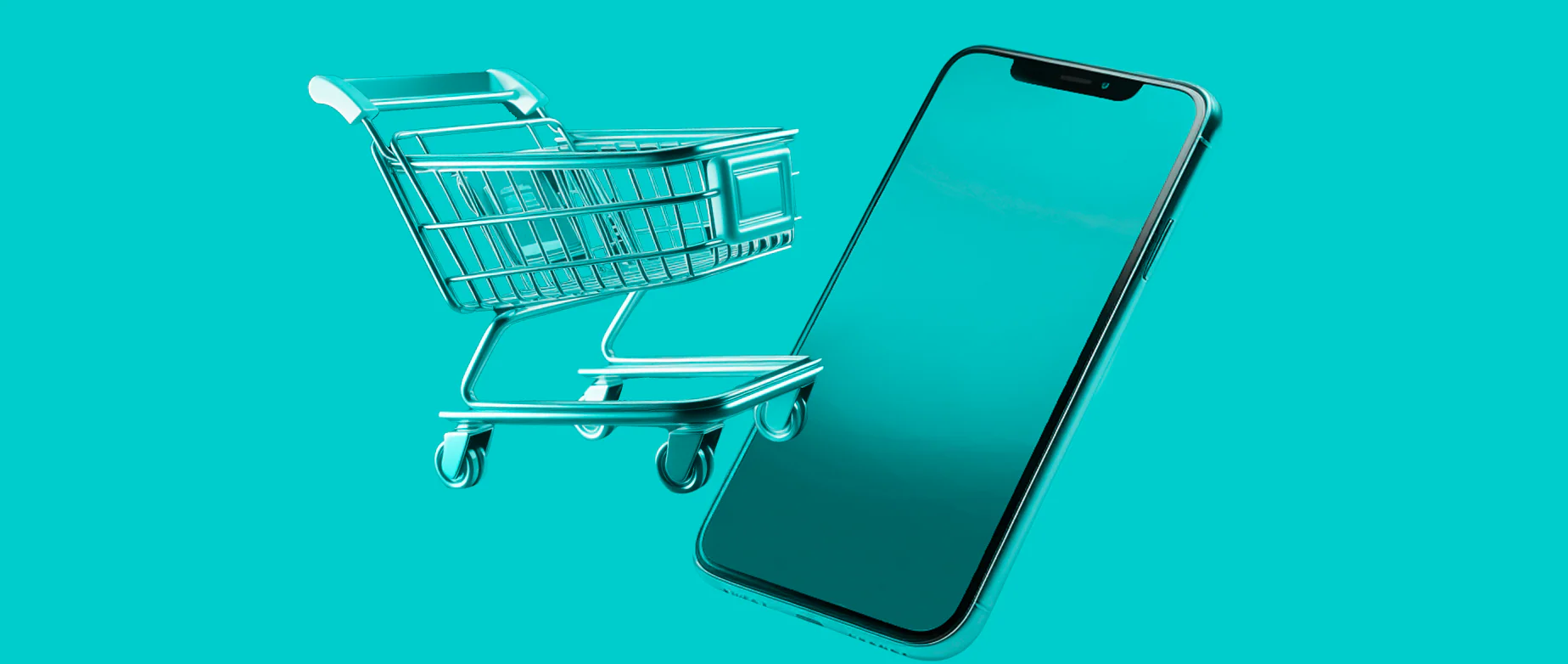 Mobile ecommerce concept showing online shopping through a smartphone and digital shopping cart