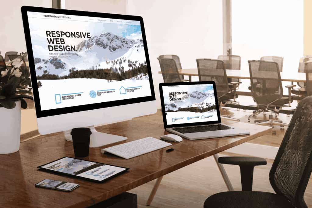 Responsive web design displayed across desktop, laptop, tablet, and mobile devices in a modern office