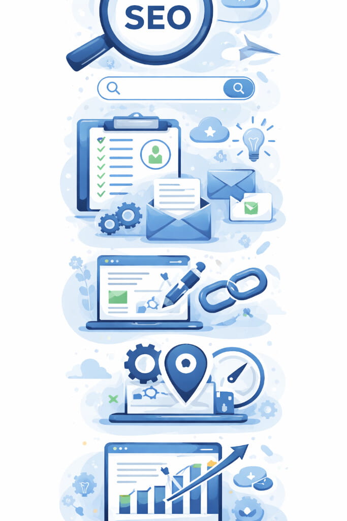 SEO process illustration showing search engine optimization steps including audits, content, links, tracking, and growth