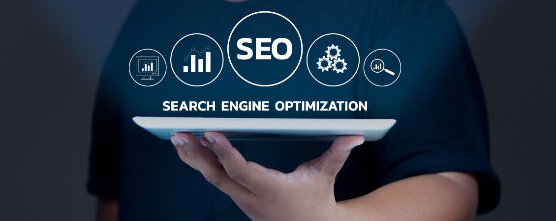 Search engine optimization concept showing SEO icons and digital marketing analytics