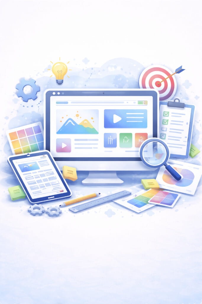 Website design and SEO content strategy workspace showing digital tools, analytics, and optimization elements