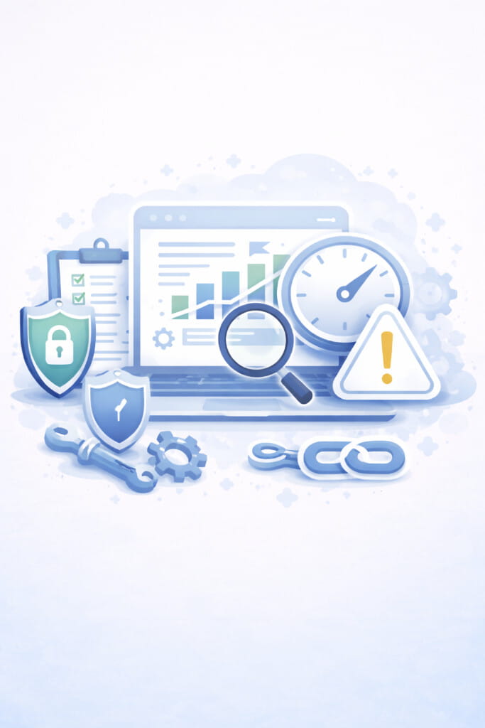 Website maintenance and optimization showing performance monitoring, security protection, and issue alerts